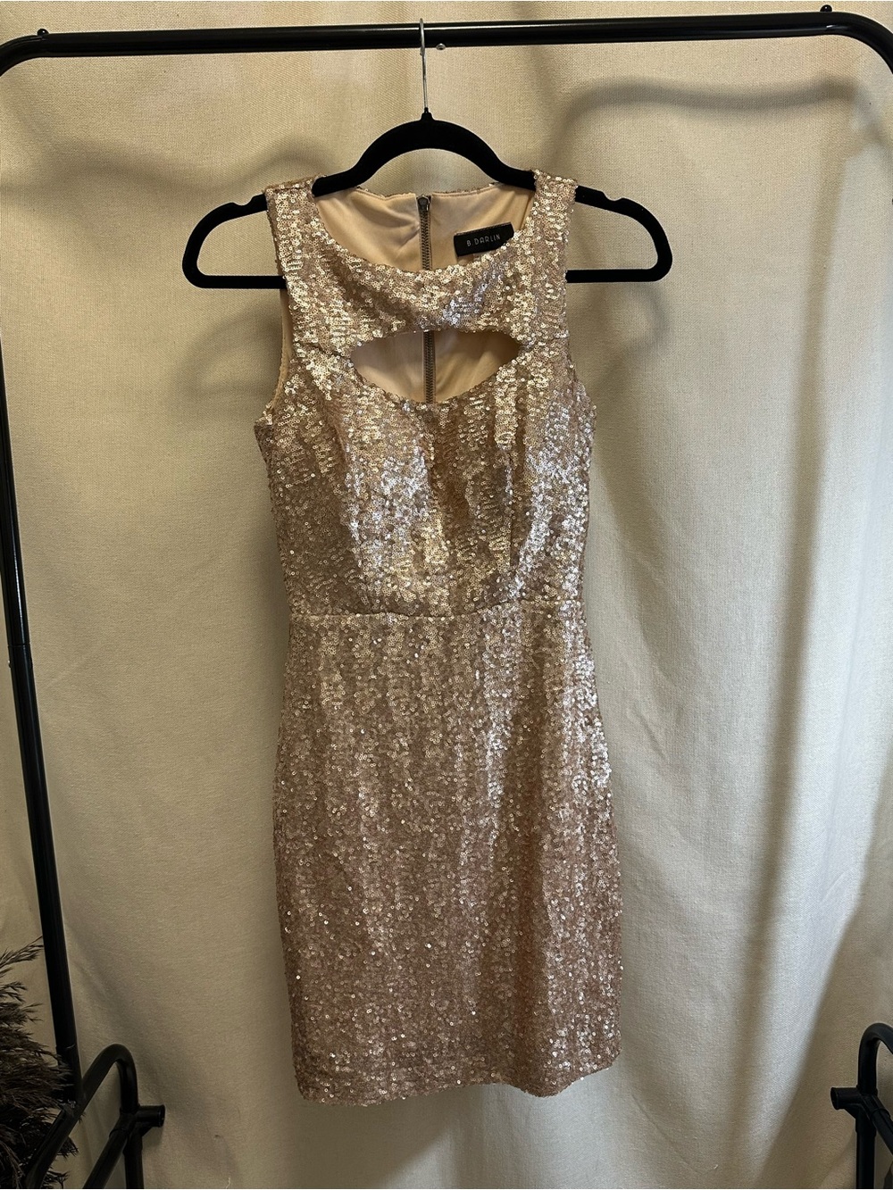 B Darlin Rose Gold Sequin Cutout Mini Dress